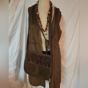 Nygard Vest Women’s Large Faux Suede Crochet Trim Tie Front Western Boho Cowgirl